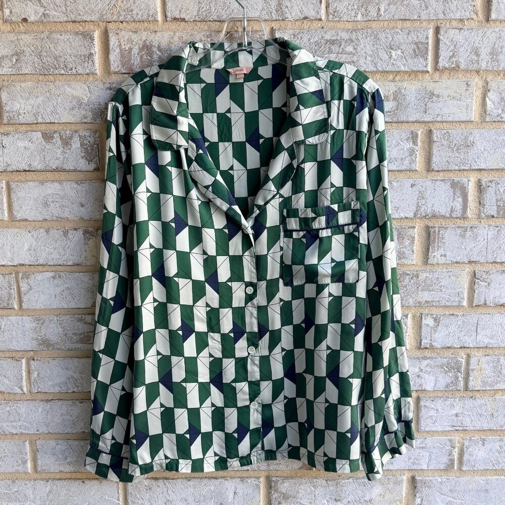 Eberjey Long Sleeve Button Front 100% Silk Green Tile Mosaic Pajama Shirt Size L